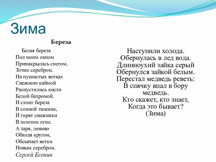 Зима Наступили холода. Обернулась в лед вода. Длинноухий зайка серый