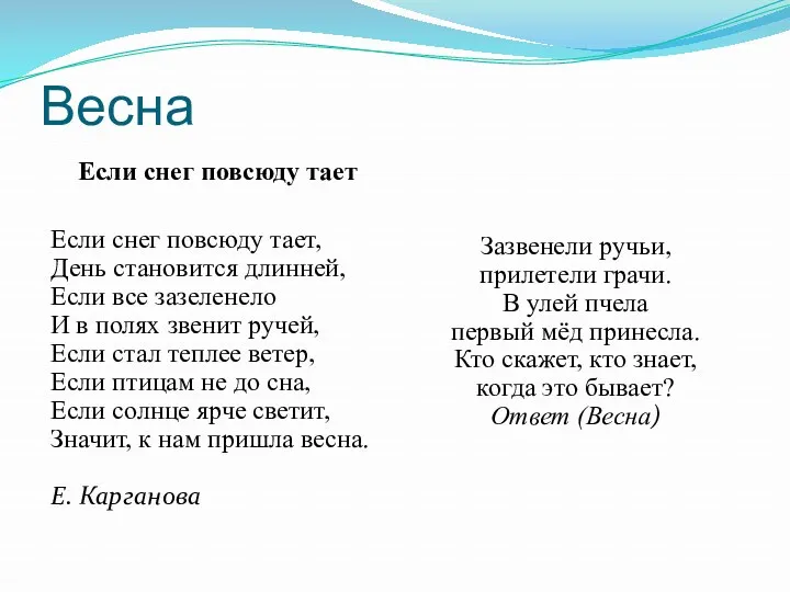 Весна Зазвенели ручьи, прилетели грачи. В улей пчела первый мёд