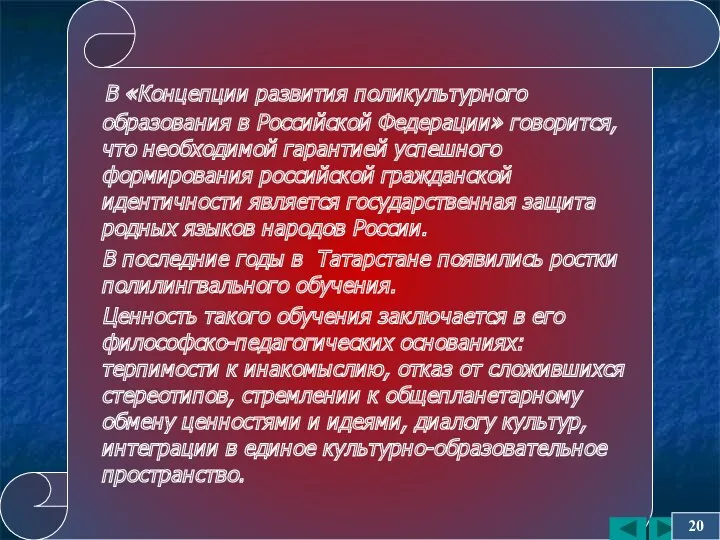 В «Концепции развития поликультурного образования в Российской Федерации» говорится, что необходимой гарантией успешного