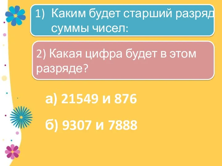 а) 21549 и 876 б) 9307 и 7888 Каким будет старший разряд суммы