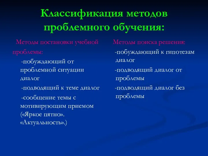 Классификация методов проблемного обучения: Методы постановки учебной проблемы: -побуждающий от