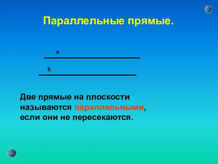 Параллельные прямые. а b Две прямые на плоскости называются параллельными, если они не пересекаются.