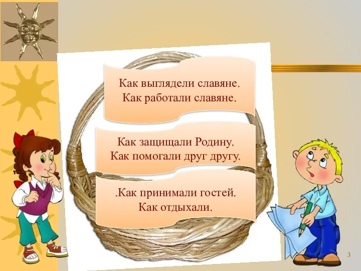 «Корзина тем» Как выглядели славяне. Как работали славяне. Как защищали Родину. Как помогали