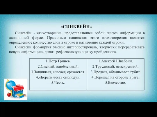 «СИНКВЕЙН» Синквейн - стихотворение, представляющее собой синтез информации в лаконичной