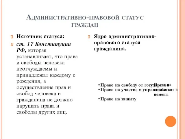 Административно-правовой статус граждан Источник статуса: ст. 17 Конституции РФ, которая устанавливает, что права