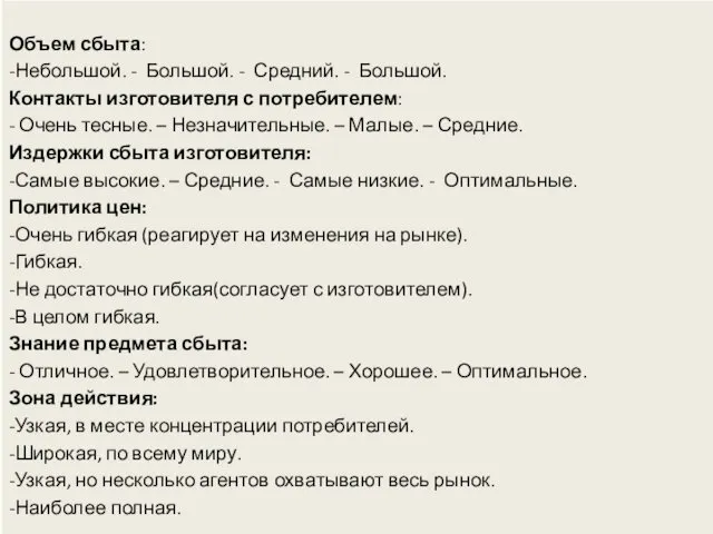 Объем сбыта: -Небольшой. - Большой. - Средний. - Большой. Контакты