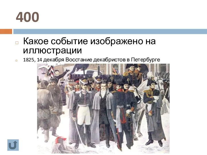 400 Какое событие изображено на иллюстрации 1825, 14 декабря Восстание декабристов в Петербурге