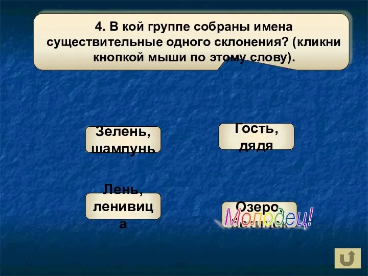 Гость, дядя Зелень, шампунь Лень, ленивица Озеро, ботинок Молодец!