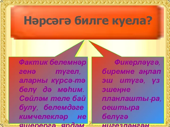 Фикерләүгә, биремне аңлап эш итүгә, үз эшеңне планлашты-ра, оештыра белүгә нигезләнгән. Фактик белемнәр