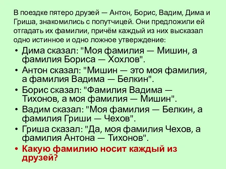 В поездке пятеро друзей — Антон, Борис, Вадим, Дима и Гриша, знакомились с