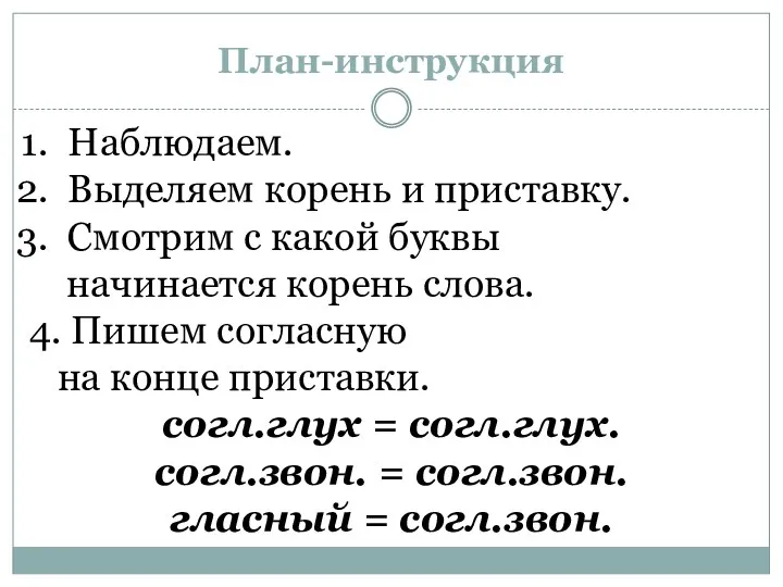 План-инструкция Наблюдаем. Выделяем корень и приставку. Смотрим с какой буквы