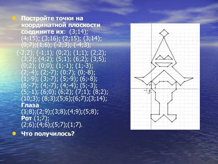 Постройте точки на координатной плоскости соедините их: (3;14); (4;15); (3;16); (2;15); (3;14); (0;7);(1;6);