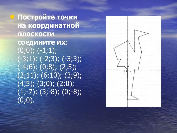 Постройте точки на координатной плоскости соедините их: (0;0); (-1;1); (-3;1); (-2;3); (-3;3); (-4;6);