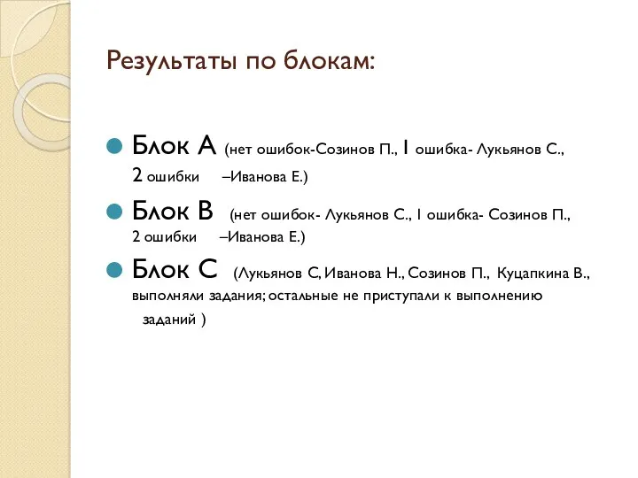 Результаты по блокам: Блок А (нет ошибок-Созинов П., 1 ошибка- Лукьянов С., 2