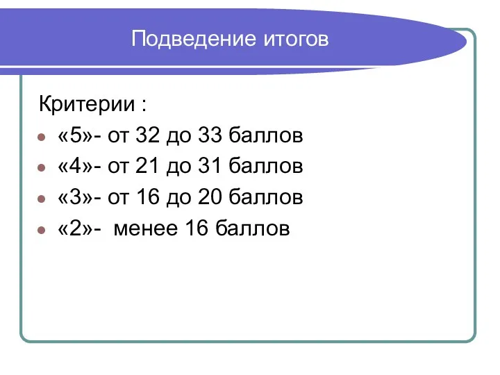 Подведение итогов Критерии : «5»- от 32 до 33 баллов