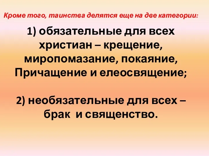 Кроме того, таинства делятся еще на две категории: 1) обязательные