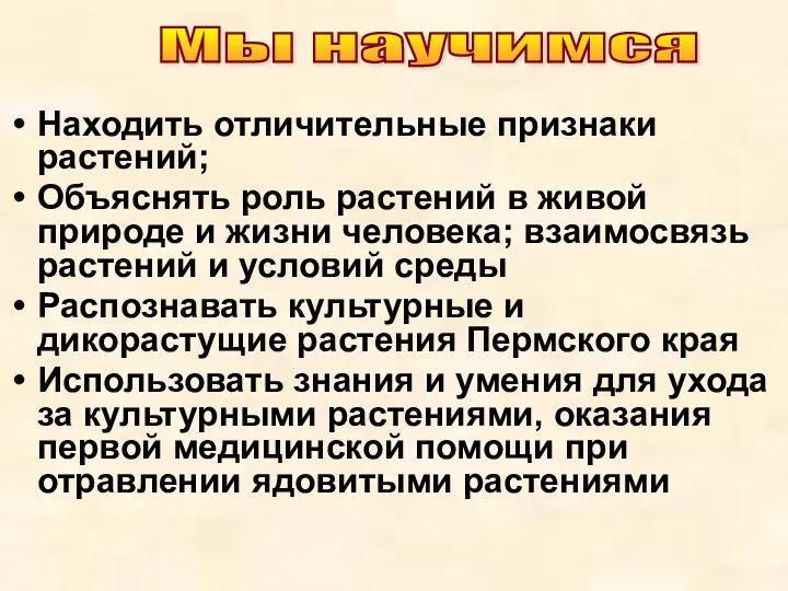 Мы научимся Находить отличительные признаки растений; Объяснять роль растений в