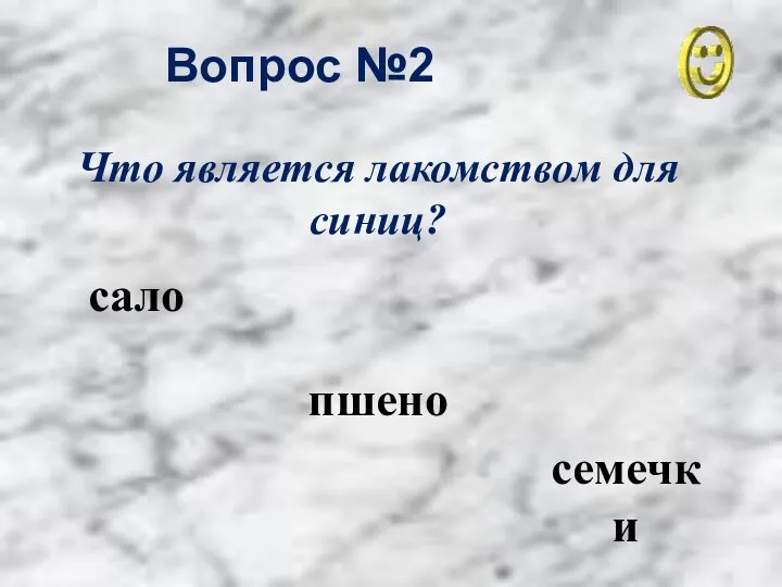 Вопрос №2 сало пшено семечки Что является лакомством для синиц?