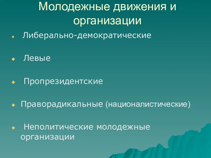 Молодежные движения и организации Либерально-демократические Левые Пропрезидентские Праворадикальные (националистические) Неполитические молодежные организации