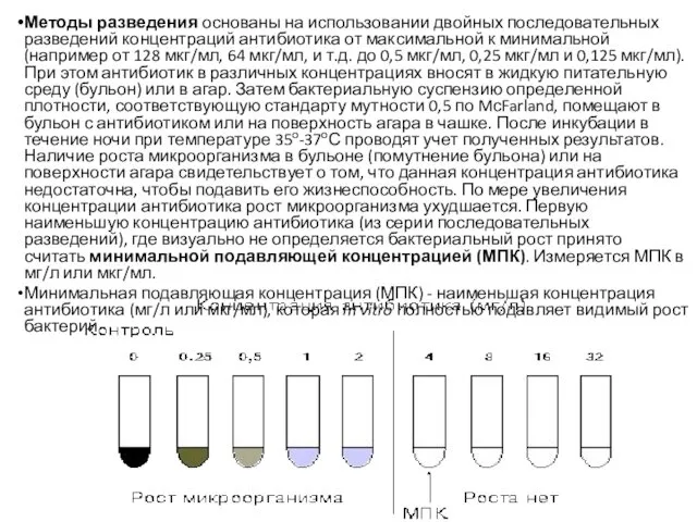 Методы разведения основаны на использовании двойных последовательных разведений концентраций антибиотика