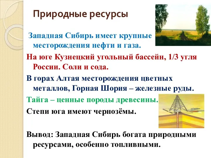 Природные ресурсы Западная Сибирь имеет крупные месторождения нефти и газа. На юге Кузнецкий
