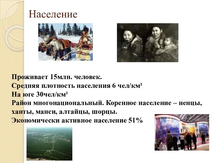 Население Проживает 15млн. человек. Средняя плотность населения 6 чел/км² На юге 30чел/км² Район