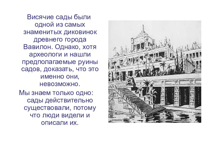 Висячие сады были одной из самых знаменитых диковинок древнего города Вавилон. Однако, хотя