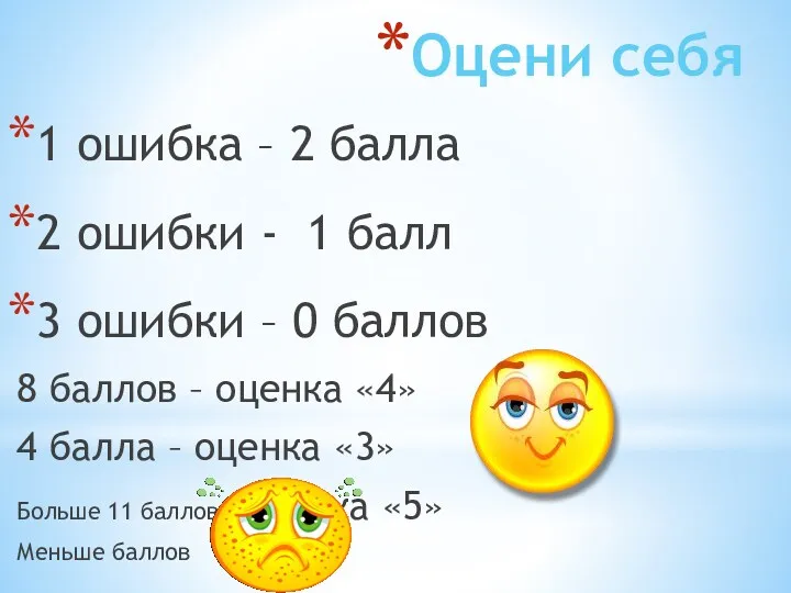 Оцени себя 1 ошибка – 2 балла 2 ошибки -