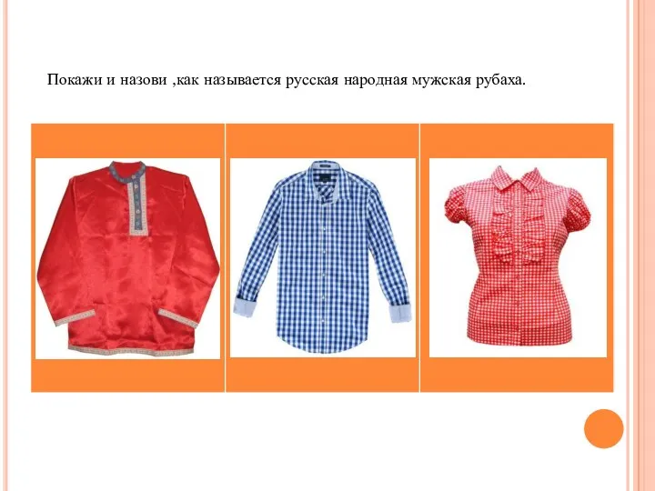 Покажи и назови ,как называется русская народная мужская рубаха.