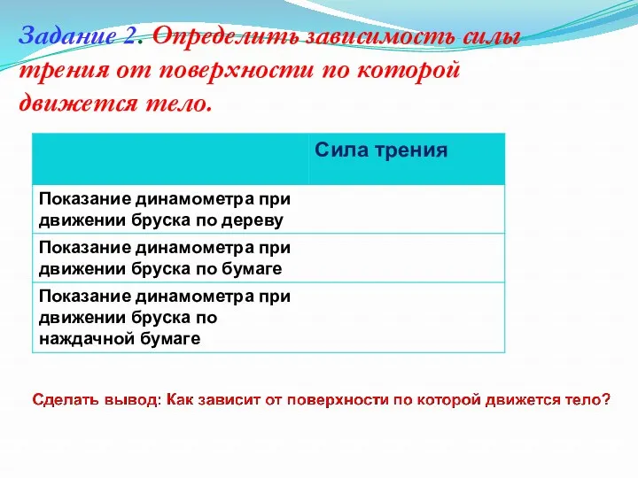 Задание 2. Определить зависимость силы трения от поверхности по которой движется тело.