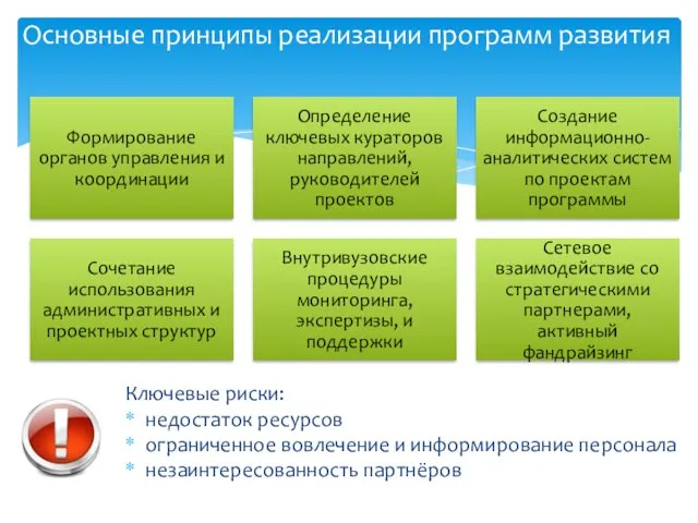 Ключевые риски: недостаток ресурсов ограниченное вовлечение и информирование персонала незаинтересованность партнёров Основные принципы реализации программ развития