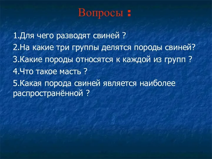 Вопросы : 1.Для чего разводят свиней ? 2.На какие три