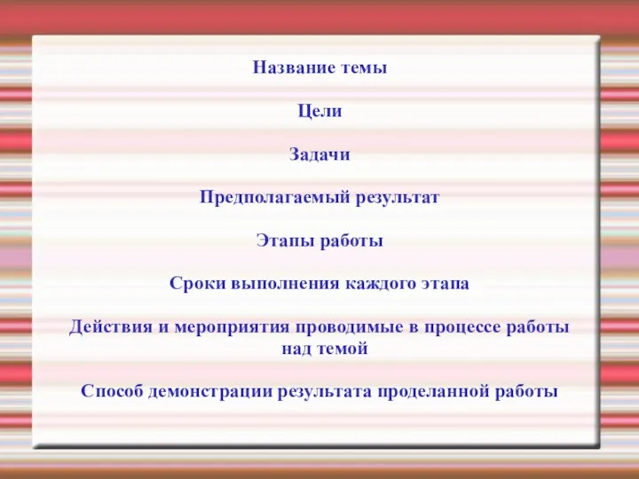 Название темы Цели Задачи Предполагаемый результат Этапы работы Сроки выполнения