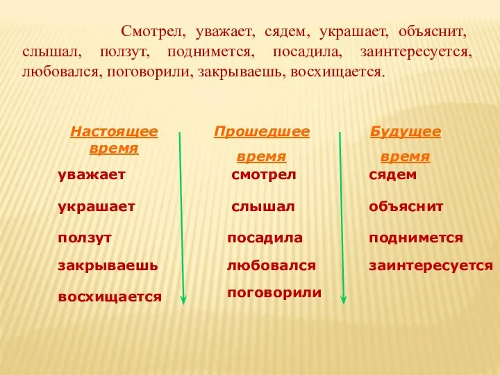 Смотрел, уважает, сядем, украшает, объяснит, слышал, ползут, поднимется, посадила, заинтересуется,