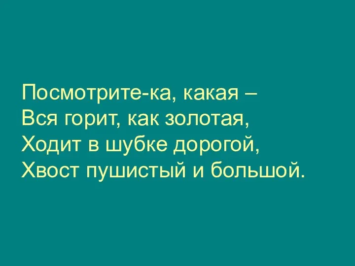 Посмотрите-ка, какая – Вся горит, как золотая, Ходит в шубке дорогой, Хвост пушистый и большой.