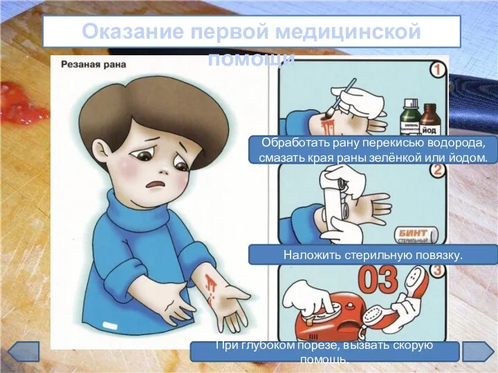 Оказание первой медицинской помощи Обработать рану перекисью водорода, смазать края