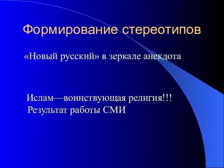 Формирование стереотипов «Новый русский» в зеркале анекдота Ислам—воинствующая религия!!! Результат работы СМИ