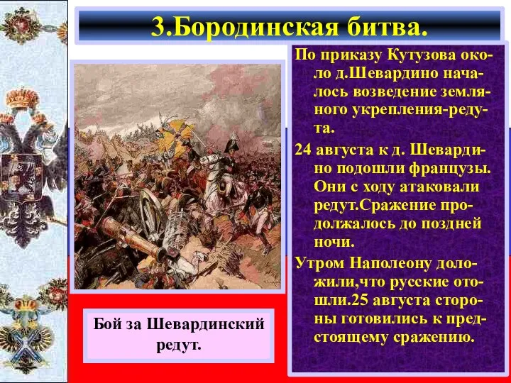 По приказу Кутузова око-ло д.Шевардино нача-лось возведение земля-ного укрепления-реду-та. 24