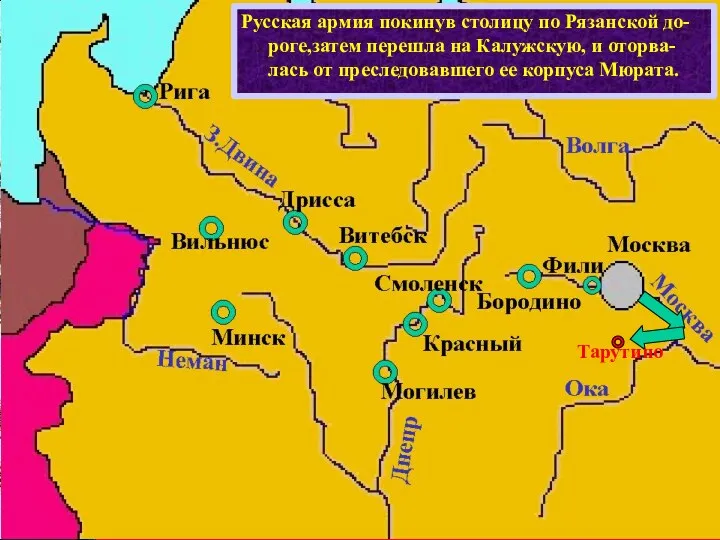 Русская армия покинув столицу по Рязанской до-роге,затем перешла на Калужскую,