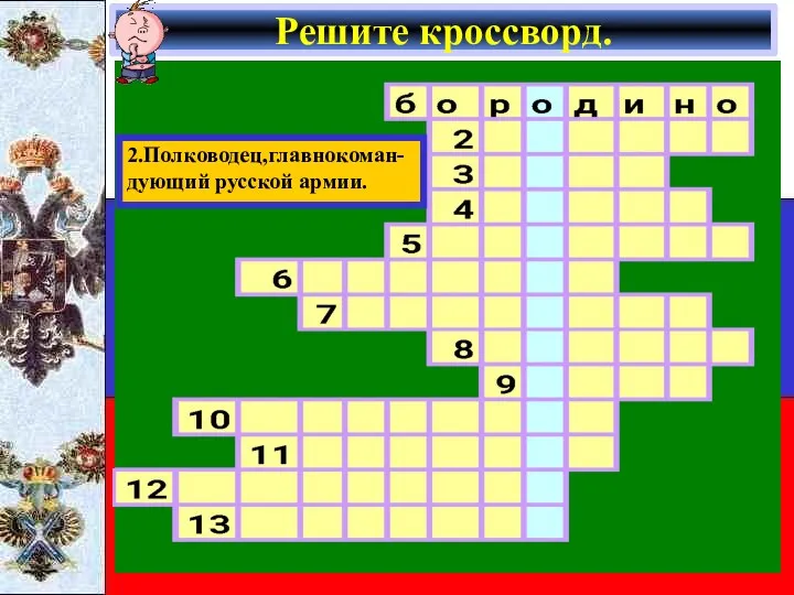 Решите кроссворд. 2.Полководец,главнокоман- дующий русской армии.