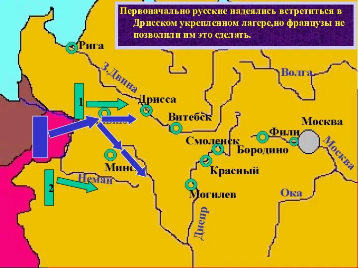 Действия французов заставили русское командо-вание начать отступление,чтобы не дать Напо-леону