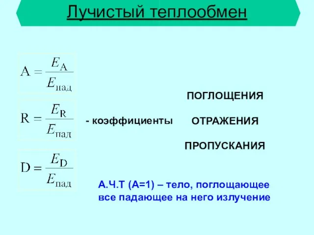 Лучистый теплообмен коэффициенты ПОГЛОЩЕНИЯ ОТРАЖЕНИЯ ПРОПУСКАНИЯ А.Ч.Т (А=1) – тело, поглощающее все падающее на него излучение