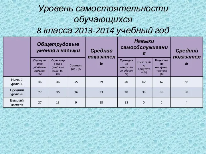 Уровень самостоятельности обучающихся 8 класса 2013-2014 учебный год