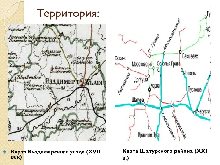 Территория: Карта Владимирского уезда (XVII век) Карта Шатурского района (XXI в.)