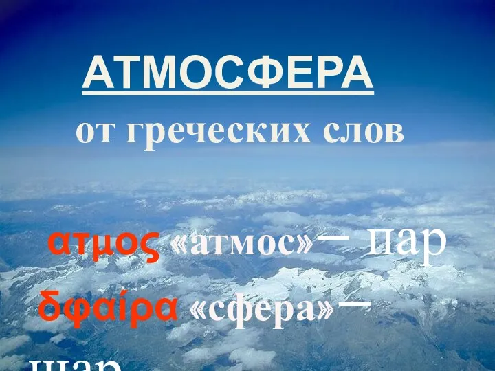 от греческих слов ατμος «атмос»– пар δφαίρα «сфера»– шар АТМОСФЕРА