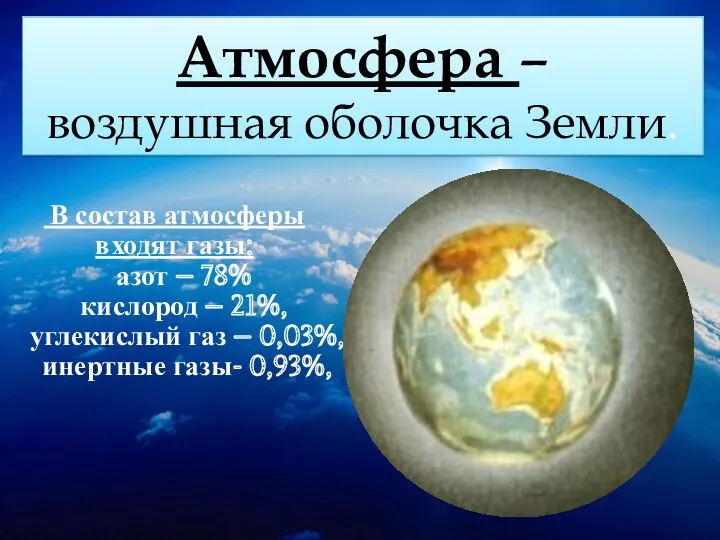 В состав атмосферы входят газы: азот – 78% кислород –