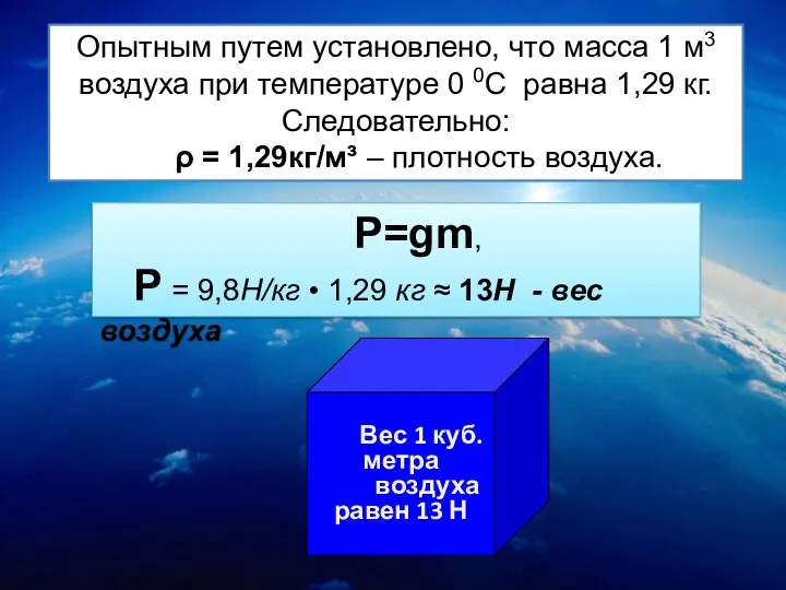 Вес 1 куб. метра воздуха равен 13 Н Опытным путем