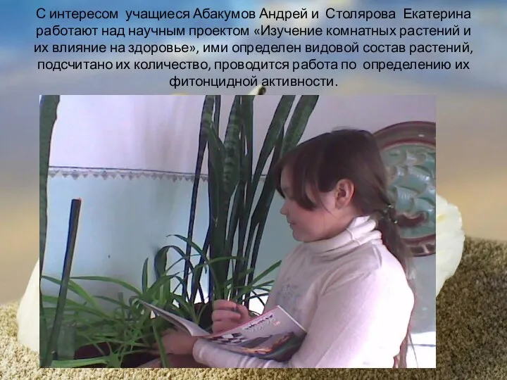 С интересом учащиеся Абакумов Андрей и Столярова Екатерина работают над научным проектом «Изучение