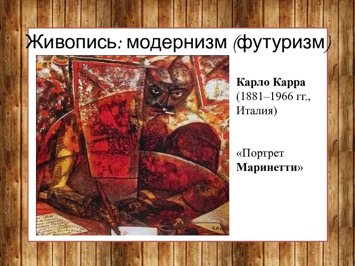 Живопись: модернизм (футуризм) Карло Карра (1881–1966 гг., Италия) «Портрет Маринетти»