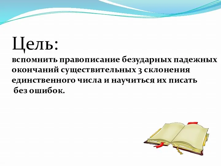 Цель: вспомнить правописание безударных падежных окончаний существительных 3 склонения единственного